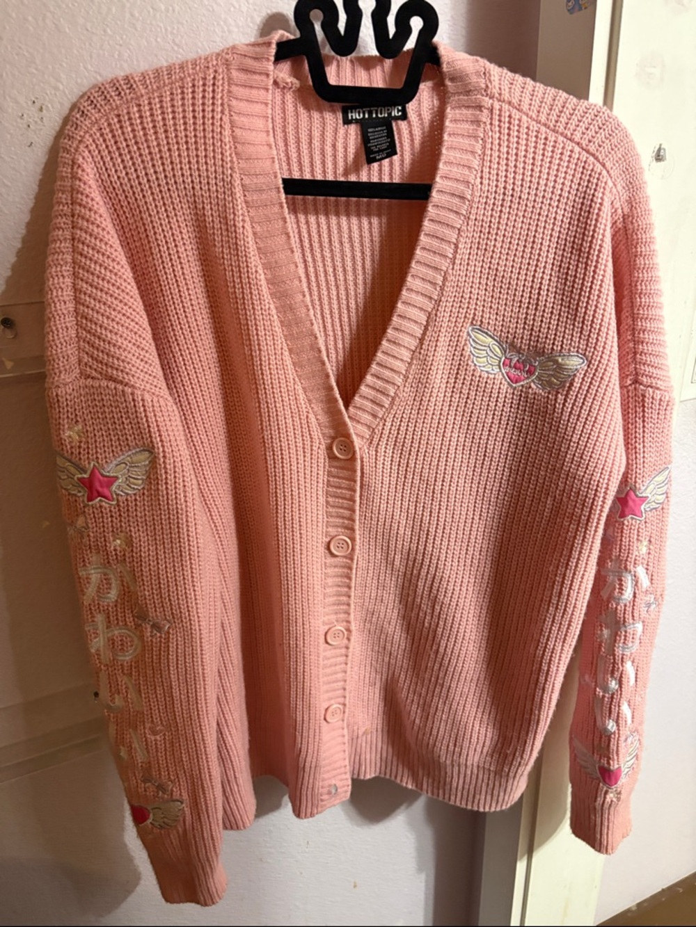 Hot Topic Pink Embroidered Wing & Star V-Neck Cardigan